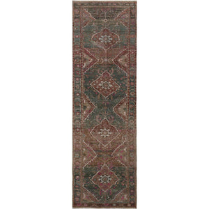 3'7"x12'3" Green Vintage and Worn Down Persian Heriz Distressed Hand Knotted Runner Pure Wool Oriental Rug FWR345876