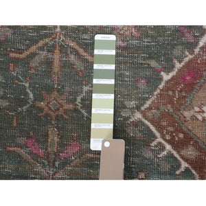 3'7"x12'3" Green Vintage and Worn Down Persian Heriz Distressed Hand Knotted Runner Pure Wool Oriental Rug FWR345876