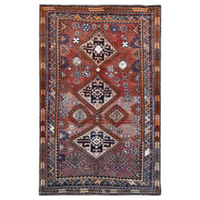 Load image into Gallery viewer, 4&#39;2&quot;x6&#39;3&quot; Pure Wool Purple Hand Knotted Persian Shiraz Bohemian Old Sheared Low Clean Oriental Rug FWR347340