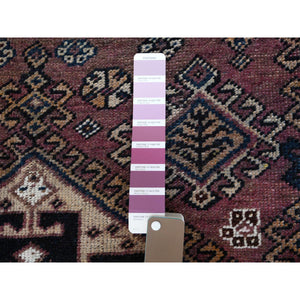 4'2"x6'3" Pure Wool Purple Hand Knotted Persian Shiraz Bohemian Old Sheared Low Clean Oriental Rug FWR347340