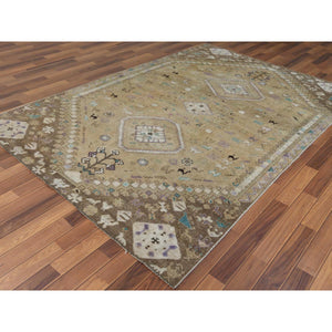 6'1"x9' Bohemian Persian Shiraz Pure Wool Beige Semi Antique Distressed Hand Knotted Clean Oriental Rug FWR347538