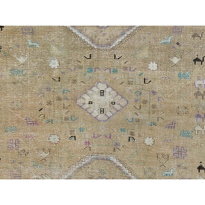6'1"x9' Bohemian Persian Shiraz Pure Wool Beige Semi Antique Distressed Hand Knotted Clean Oriental Rug FWR347538