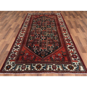 5'x9'10" Semi Antique Hand Knotted Red Persian Hamadan Sheared Low Clean Organic Wool Shabby Chic Gallery Size Runner Oriental Rug FWR347880