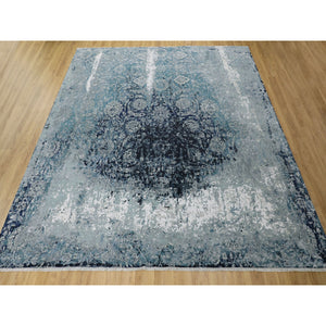 12'2"x12'2" Blue Broken Persian Tabriz Erased Design Wool and Silk Hand Knotted Square Oriental Rug FWR348096