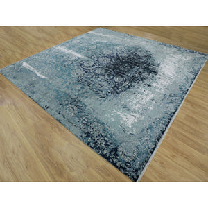 12'2"x12'2" Blue Broken Persian Tabriz Erased Design Wool and Silk Hand Knotted Square Oriental Rug FWR348096