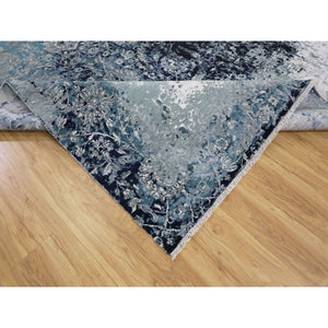 12'2"x12'2" Blue Broken Persian Tabriz Erased Design Wool and Silk Hand Knotted Square Oriental Rug FWR348096