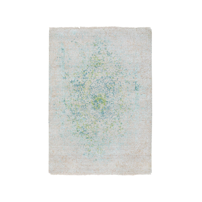 3'x5' Ivory Touch Of Green Pure Silk With Textured Wool Hand Knotted Oriental Rug FWR348618