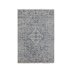 3'1"x5'1" Gray Persian Erased Design Silk With Textured Wool Hand Knotted Oriental Rug FWR348624