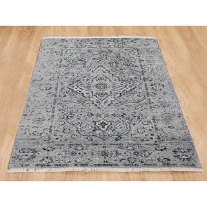 3'1"x5'1" Gray Persian Erased Design Silk With Textured Wool Hand Knotted Oriental Rug FWR348624