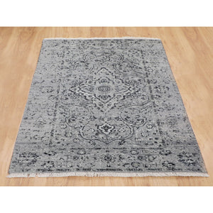 3'1"x5'1" Gray Persian Erased Design Silk With Textured Wool Hand Knotted Oriental Rug FWR348624