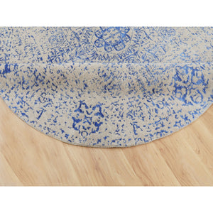 8'x8' Blue Wool and Silk Mamluk Design Jacquard Hand Loomed Round Oriental Rug FWR348708