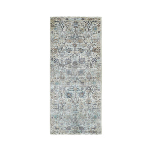 2'6"x6'2" Ivory Silk With Textured Wool Tabriz Runner Hand Knotted Oriental Rug FWR348858