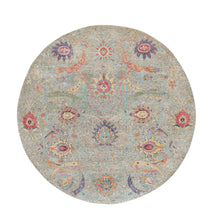 Load image into Gallery viewer, 8&#39;10&quot;x8&#39;10&quot; Tan Round Sickle Leaf Design Silk With Textured Wool Hand Knotted Oriental Rug FWR349032