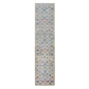 2'7"x12' Colorful Silk With Textured Wool Tabriz Design Runner Hand Knotted Oriental Rug FWR349134