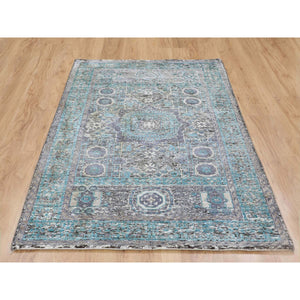 3'1"x5' Silk With Textured Wool Hi-Low Pile Mamluk Design Runner Hand Knotted Oriental Rug FWR349170
