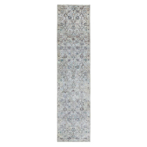 2'5"x12' Ivory Silk With Textured Wool Tabriz Design Runner Hand Knotted Oriental Rug FWR349182