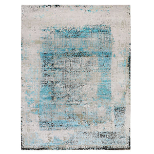8'9"x11'10" Teal Blue Jewellery Design Tone On Tone Silk With Textured Wool Hand Knotted Oriental Rug FWR349206