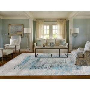 8'9"x11'10" Teal Blue Jewellery Design Tone On Tone Silk With Textured Wool Hand Knotted Oriental Rug FWR349206