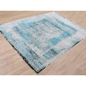 8'9"x11'10" Teal Blue Jewellery Design Tone On Tone Silk With Textured Wool Hand Knotted Oriental Rug FWR349206