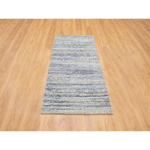 2'6"x5'10" Blue Variegated Textured Design Hand Loomed Runner Pure Wool Modern Oriental Rug FWR350406