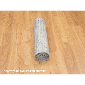 2'6"x5'10" Blue Variegated Textured Design Hand Loomed Runner Pure Wool Modern Oriental Rug FWR350406