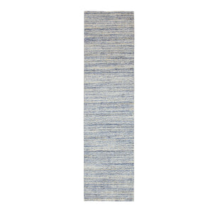 2'6"x9'9" Blue Variegated Textured Design Hand Loomed Runner Pure Wool Modern Oriental Rug FWR350412
