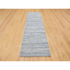 2'6"x9'9" Blue Variegated Textured Design Hand Loomed Runner Pure Wool Modern Oriental Rug FWR350412