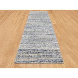 2'6"x11'9" Blue Variegated Textured Design Hand Loomed Runner Pure Wool Modern Oriental Rug FWR350418