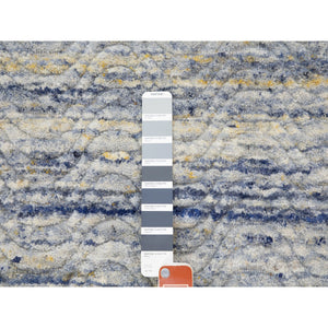 2'6"x11'9" Blue Variegated Textured Design Hand Loomed Runner Pure Wool Modern Oriental Rug FWR350418