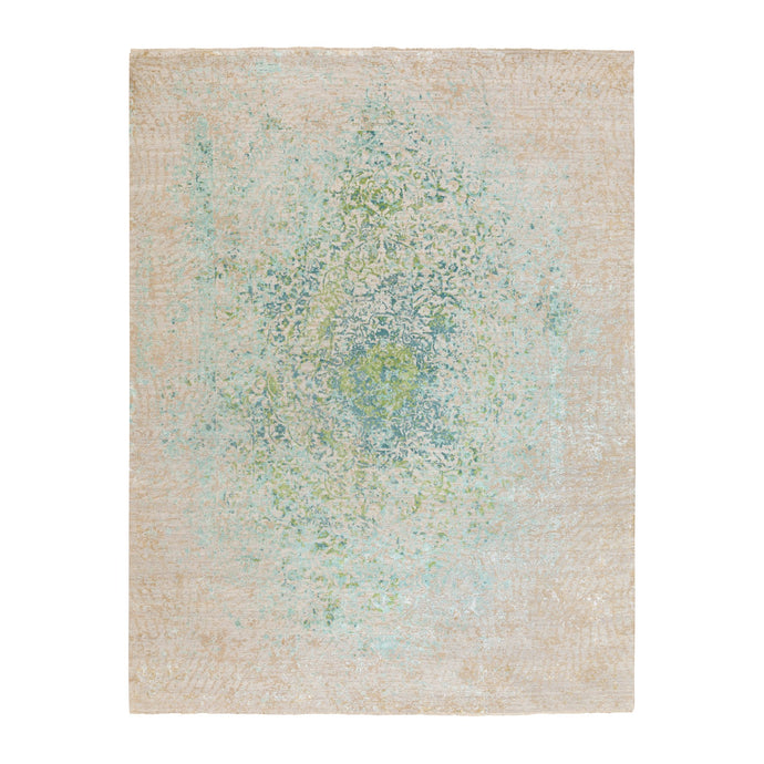 9'x12' Ivory Touch Of Green Pure Silk With Textured Wool Hand Knotted Oriental Rug FWR350652