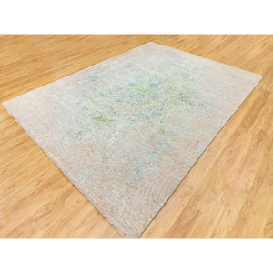 9'x12' Ivory Touch Of Green Pure Silk With Textured Wool Hand Knotted Oriental Rug FWR350652