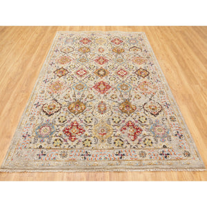 6'1"x9' THE SUNSET ROSETTES Wool And Pure Silk Hand Knotted Oriental Rug FWR350658