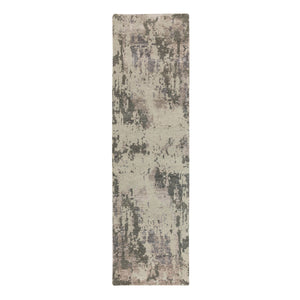 2'8"x9'7" Earth Tones Hi and Lo Pile Abstract Design Wool and Silk Hand Knotted Runner Oriental Rug FWR350664