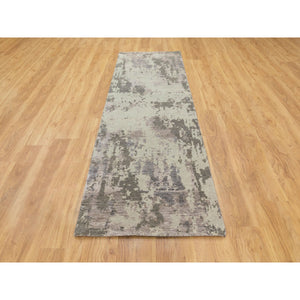 2'8"x9'7" Earth Tones Hi and Lo Pile Abstract Design Wool and Silk Hand Knotted Runner Oriental Rug FWR350664