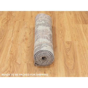 2'8"x9'7" Earth Tones Hi and Lo Pile Abstract Design Wool and Silk Hand Knotted Runner Oriental Rug FWR350664