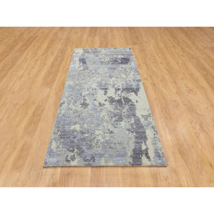 2'8"x7'10" Gray Thick and Plush Abstract Design Hand Knotted Runner Wool and Silk Oriental Rug FWR350676