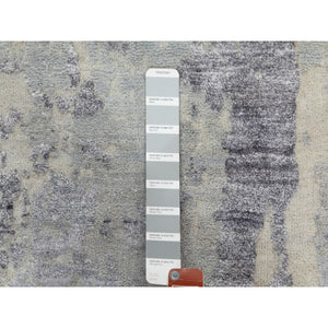 2'8"x7'10" Gray Thick and Plush Abstract Design Hand Knotted Runner Wool and Silk Oriental Rug FWR350676