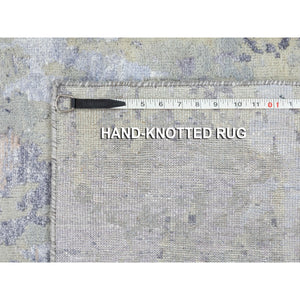2'8"x7'10" Gray Thick and Plush Abstract Design Hand Knotted Runner Wool and Silk Oriental Rug FWR350676