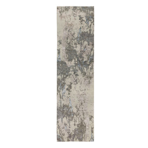 2'8"x10' Gray Abstract Design Wool And Silk Runner Hand Knotted Oriental Rug FWR350688