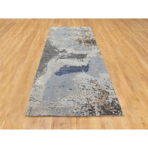 2'9"x9'8" Gray Abstract Design Wool And Silk Runner Hand Knotted Oriental Rug FWR350730
