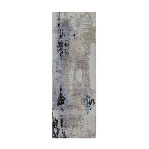 2'4"x7'5" Gray Abstract Design Wool And Silk Runner Hand Knotted Oriental Rug FWR350742