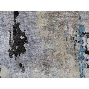 2'4"x7'5" Gray Abstract Design Wool And Silk Runner Hand Knotted Oriental Rug FWR350742