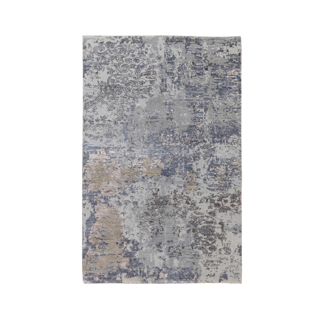 3'x5' Gray Erased Design Wool And Silk Runner Hand Knotted Oriental Rug FWR350778