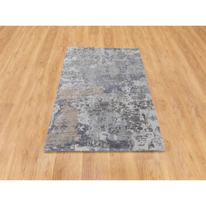 3'x5' Gray Erased Design Wool And Silk Runner Hand Knotted Oriental Rug FWR350778