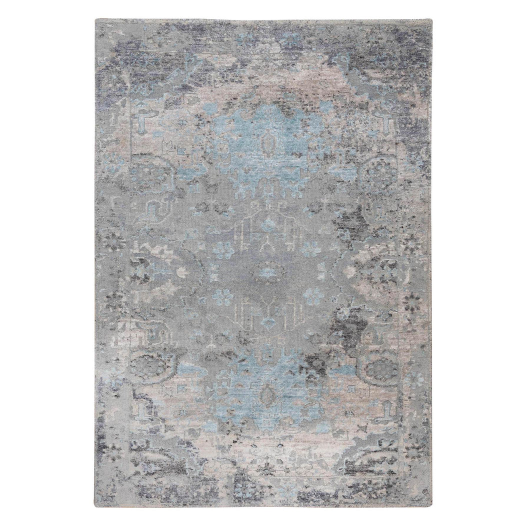 3'x5' Gray Erased Design Wool And Silk Hand Knotted Oriental Rug FWR350790