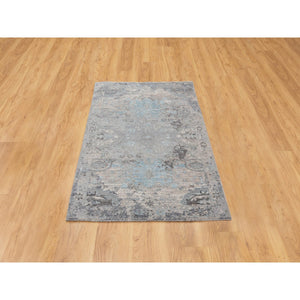 3'x5' Gray Erased Design Wool And Silk Hand Knotted Oriental Rug FWR350790