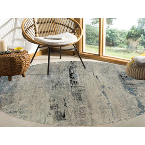 10'x10' Round Silver, Blue Wool & Silk Abstract Design Hand Knotted Oriental Modern Rug FWR350880