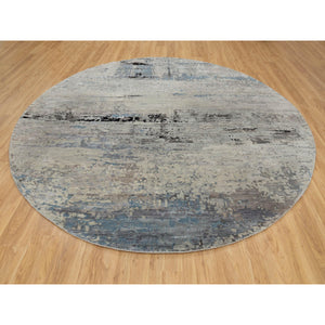 10'x10' Round Silver, Blue Wool & Silk Abstract Design Hand Knotted Oriental Modern Rug FWR350880