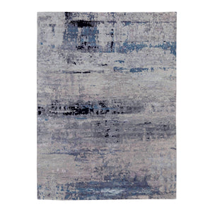 6'3"x8'10" Abstract Design Modern Silver- Blue Hand Knotted Wool & Silk Hi-Low Pile Oriental Rug FWR350886