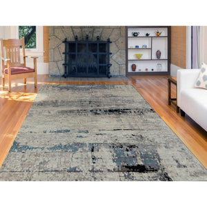 6'3"x8'10" Abstract Design Modern Silver- Blue Hand Knotted Wool & Silk Hi-Low Pile Oriental Rug FWR350886